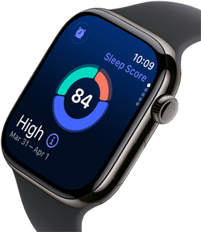 Zbliżenie na Apple Watch Series 11 w kopercie z tytanu w kolorze łupku, z wynikiem snu na wyświetlaczu