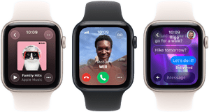 Trzy urządzenia Apple Watch SE 3 obok siebie. Na jednym widać aplikację Apple Music, na drugim przychodzące połączenie telefoniczne, a na trzecim wymianę wiadomości przez iMessage