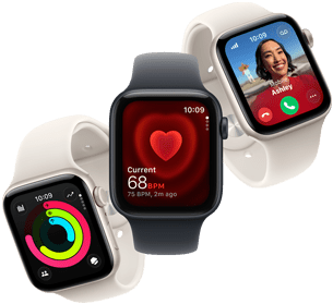 Trzy urządzenia Apple Watch SE 3 unoszące się obok siebie