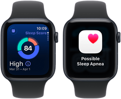 Dwa urządzenia Apple Watch SE 3 z aluminiowymi kopertami w kolorze północy prezentują na ekranach wynik snu i alert o prawdopodobnym bezdechu sennym