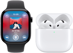 Apple Watch Series 11 z tytanową kopertą w kolorze łupku i paskiem sportowym w kolorze czarnym. Na ekranie otwarta aplikacja Apple Music. Urządzenie sparowane ze słuchawkami AirPods 4