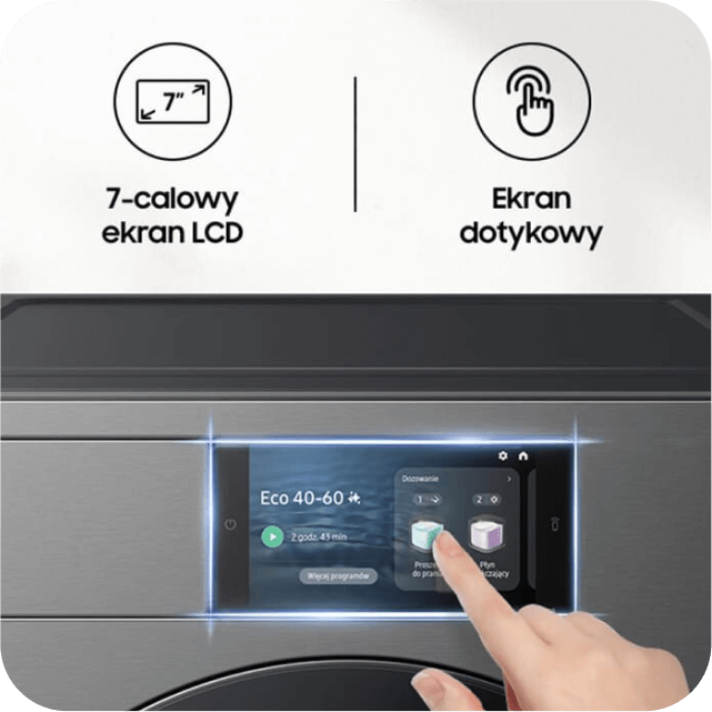 7-calowy ekran LCD z funkcją dotykową w pralce.