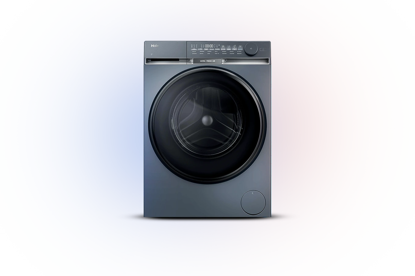 Pralka Haier widok od przodu, na tle kolorowej poświaty