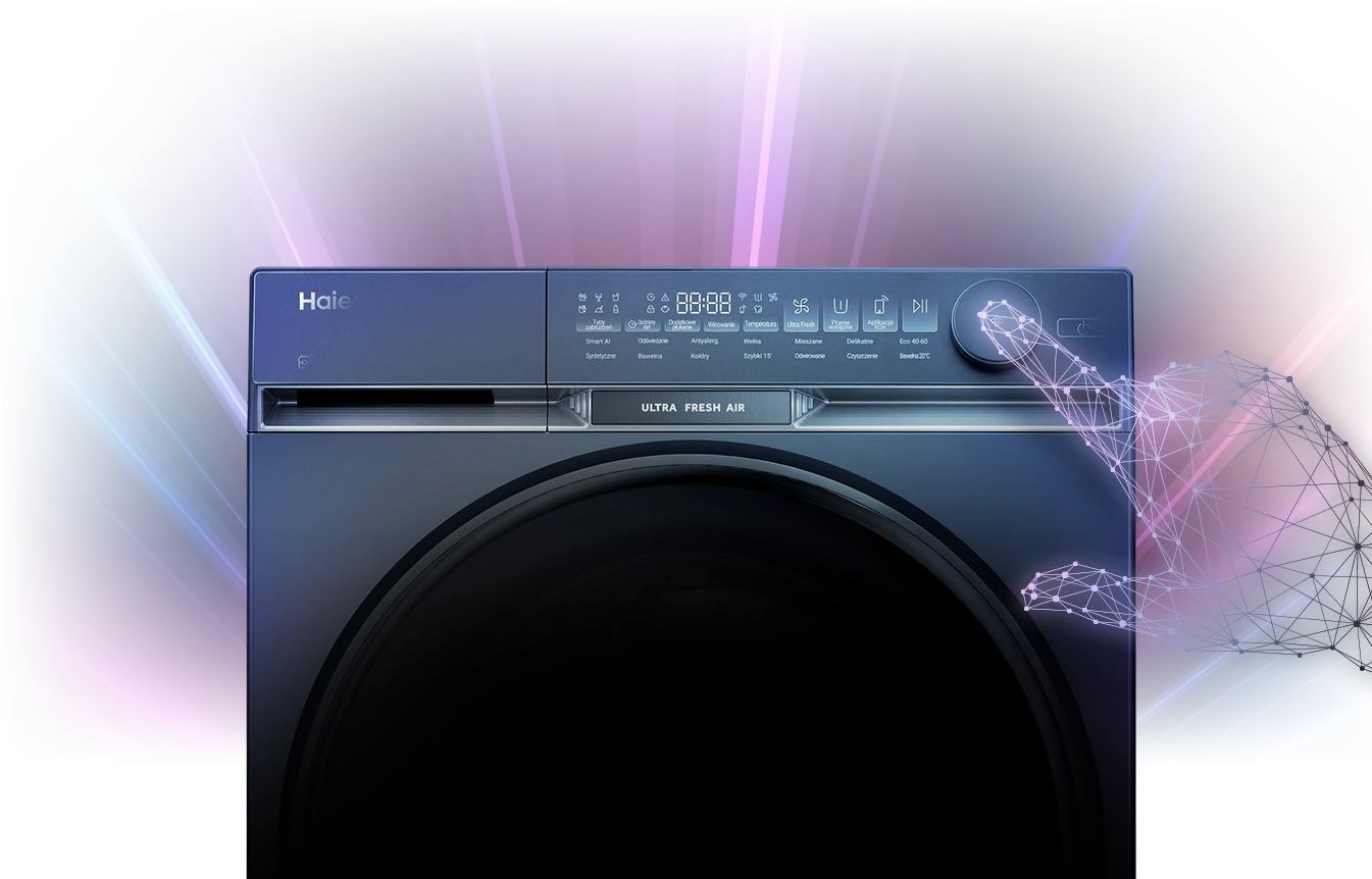 Pralka Haier z panelem sterowania i cyfrową dłonią naciskającą pokrętło programu