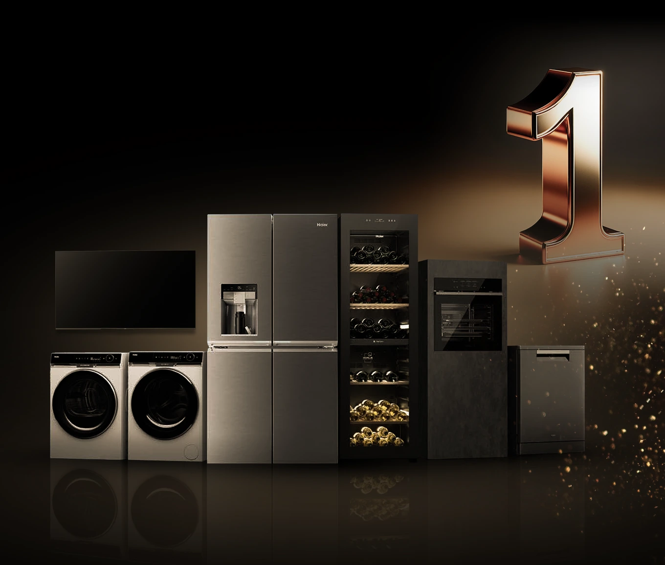 Zestaw urządzeń Haier: pralko–suszarki, telewizor, lodówka side by side, chłodziarka na wino, piekarnik i zmywarka. Po prawej złota cyfra 1 symbolizująca pozycję marki.