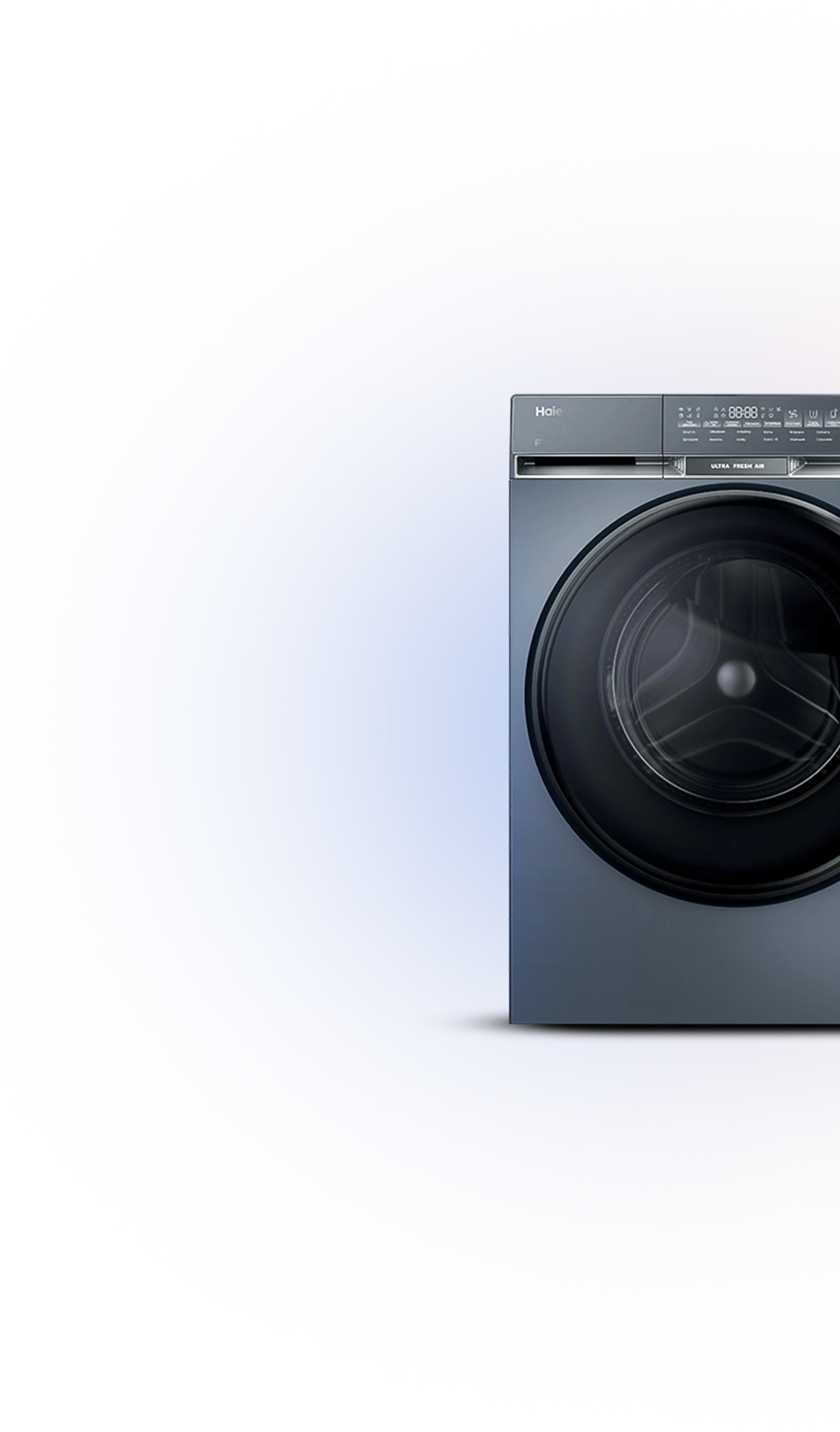 Pralka Haier widok od przodu, na tle kolorowej poświaty