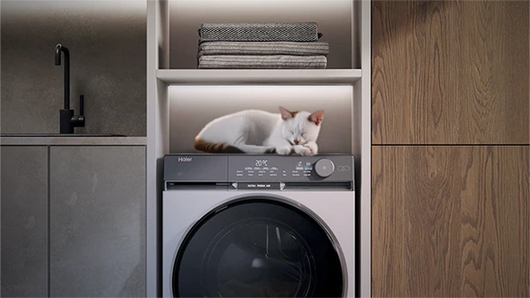 Pralka Haier w zabudowie z półką z ręcznikami i śpiącym kotem na górze