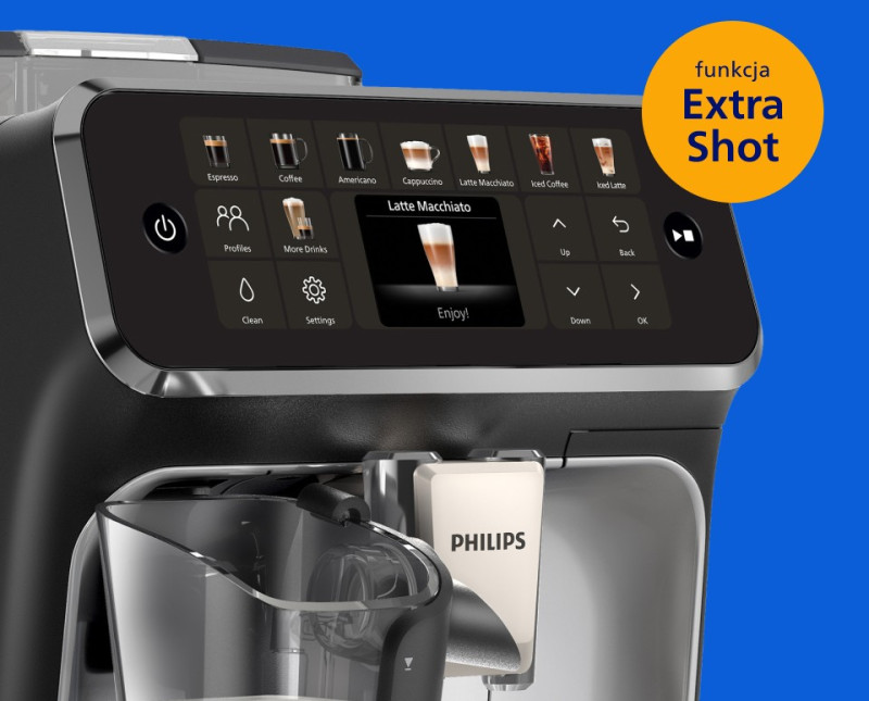 Ekspres Philips LatteGo ma czytelny panel sterowania i szeroki wybór kaw.