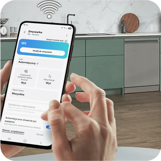 Zdalne sterowanie zmywarką przez aplikację na smartfonie.
