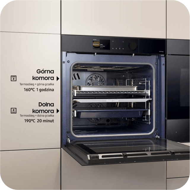 Piekarnik z dwoma komorami o różnych temperaturach: 160°C na górze, 190°C na dole.