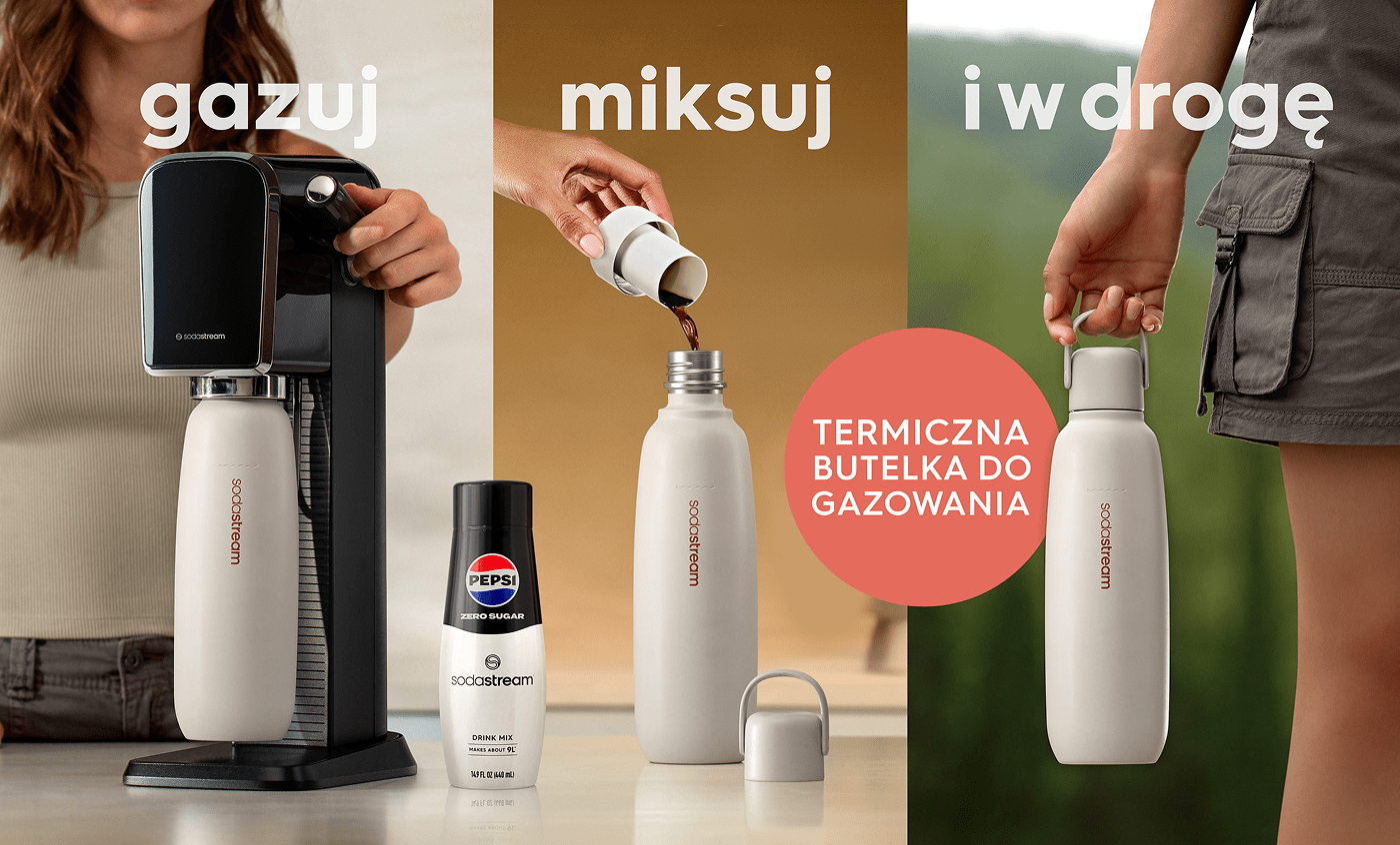 Trzy różne maszyny SodaStream do napojów gazowanych, ukazujące różne style i funkcje, ustawione w rządku.