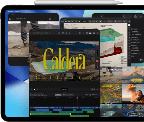 Widoczny od przodu ustawiony poziomo iPad Pro w kolorze gwiezdnej czerni, na nim rysik Apple Pencil, na wyświetlaczu wiele okien otwartych aplikacji, w tym Final Cut Pro z wieloma funkcjami montażu wideo i osią czasu, a także Mapy, Notatki i różne klipy multimedialne