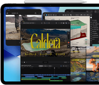 Widoczny od przodu, ustawiony poziomo iPad Pro w kolorze gwiezdnej czerni, na nim rysik Apple Pencil, na wyświetlaczu wiele okien otwartych aplikacji, w tym Final Cut Pro z wieloma funkcjami montażu wideo i osią czasu, a także Mapy, Notatki i różne klipy multimedialne