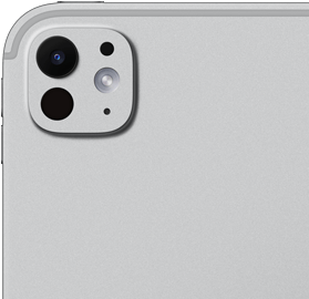 Widoczny od tyłu iPad Pro w kolorze srebrnym z systemem aparatów pro z pięcioelementowym obiektywem i adaptacyjnym fleszem True Tone