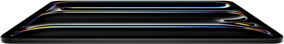 Widoczny od przodu iPad Pro w kolorze gwiezdnej czerni, smukła obudowa ze szkła i aluminium, urządzenie przechylone do tyłu, na wyświetlaczu kolorowy rysunek