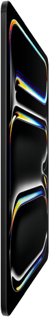 Widoczny od przodu iPad Pro w kolorze gwiezdnej czerni, smukła obudowa ze szkła i aluminium, urządzenie przechylone do tyłu, na wyświetlaczu kolorowy rysunek