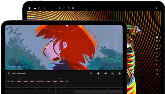 Widoczne od przodu ustawione poziomo dwa iPady Pro w wersjach 13 i 11 cali, w kolorze gwiezdnej czerni, zaokrąglone rogi, czarna ramka wyświetlacza, na modelu 11-calowym barwny obraz postaci o rudych włosach, na 13-calowym kolorowe elementy interfejsu do edycji zdjęć