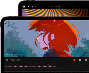 Widoczne od przodu, ustawione poziomo dwa iPady Pro w wersjach 13 i 11 cali, w kolorze gwiezdnej czerni, zaokrąglone rogi, czarna ramka wyświetlacza, na modelu 11-calowym barwny obraz postaci o rudych włosach, na 13-calowym kolorowe elementy interfejsu do edycji zdjęć