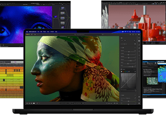Liczne kolorowe treści na ekranie – od produkcji muzyki, przez montaż wideo i animację 3D, po edycję zdjęć – ukazujące niesamowitą wydajność grafiki Maca