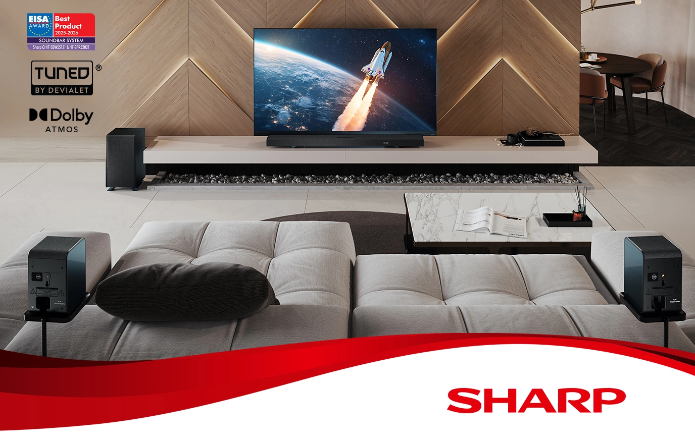 Soundbar Sharp Serii Q z systemem Dolby Atmos, widok na elegancki salon z telewizorem i nowoczesnym wnętrzem.