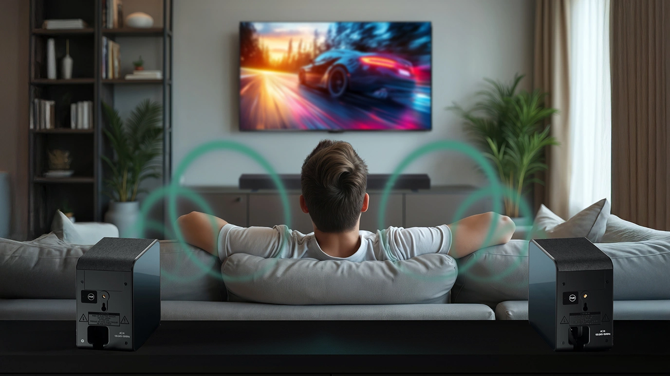 Mężczyzna ogląda film akcji na telewizorze z soundbarem Sharp Serii Q i bezprzewodowymi głośnikami.