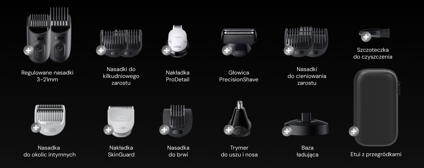 Różnorodne nasadki, jakie znajdują się w zestawie umożliwiają stworzenie wszechstronnych stylizacji.