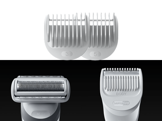 Dodatkowe nasadki umożliwiają pielęgnację nawet w najwrażliwszych obszarach ciała.