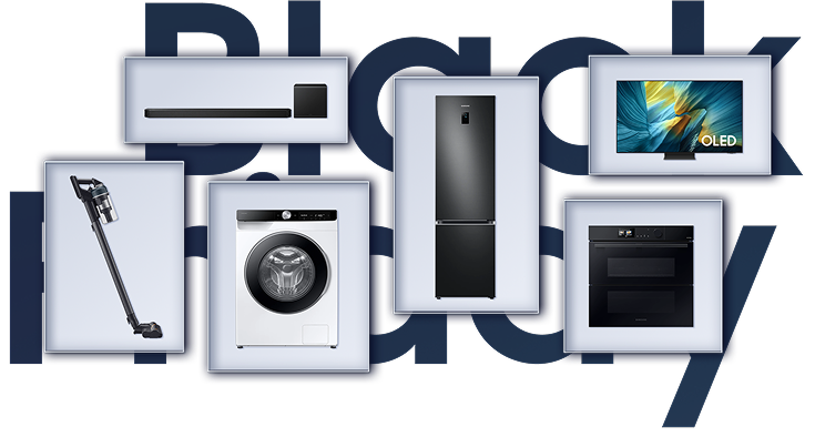 Urządzenia samsung z kategorii RTV i AGD w białych ramkach na ciemnym tle