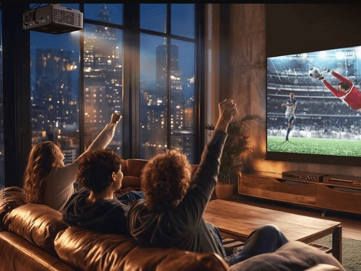 Trzy osoby siedzące na kanapie w przytulnym salonie kibicują podczas oglądania meczu piłki nożnej na dużym telewizorze w nocy, z oświetleniem miasta widocznym przez okna sięgające od podłogi do sufitu.