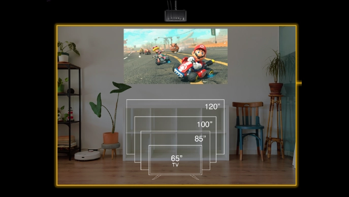 Salon z projektorem wyświetlającym grę wyścigową na ścianie. Nakładka pokazuje porównanie rozmiarów: 65, 85, 100 i 120 ekranów, z roślinami, półkami i stołkiem w tle.