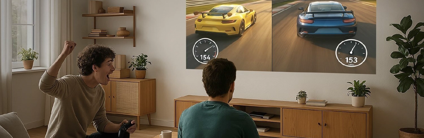 Dwie osoby grają w wyścigową grę wideo na podzielonym ekranie na dużym telewizorze w przytulnym salonie. Jedna osoba wiwatuje z podniesioną pięścią, podczas gdy druga skupia się na ekranie.