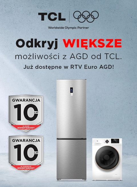 Baner reklamowy Agd Tcl: srebrna lodówka i biała pralka. Hasło Odkryj większe możliwości, 10 lat gwarancji.