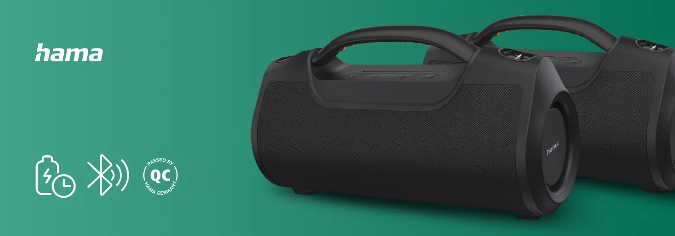 zdjećie dwóch mobilnych głośników hamy a  obok z lewej strony hasła reklamowe hamy i ikony.