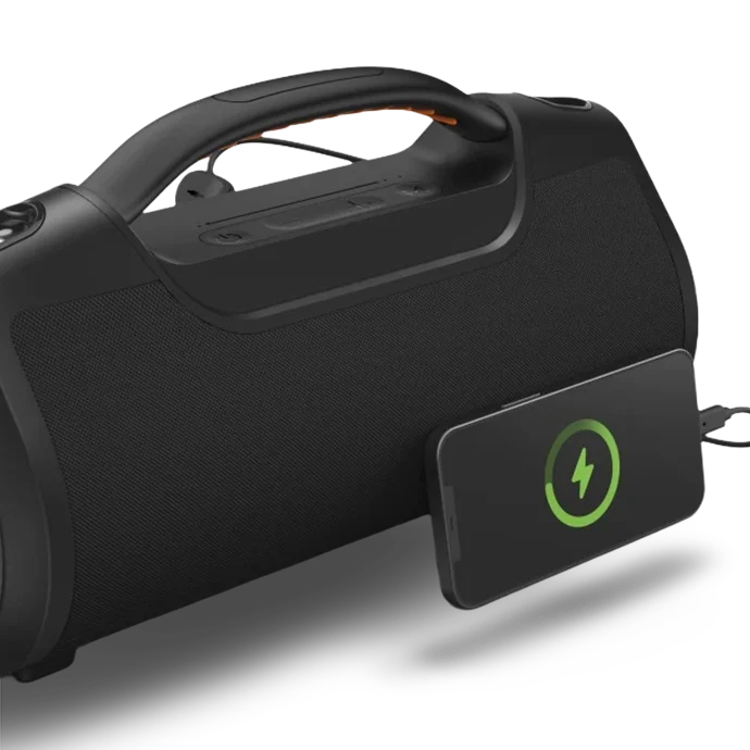 Zdjęcie ładującego się telefonu z głosnika mobilnego hama.