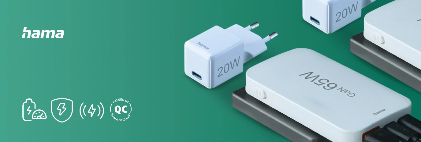 ładowarki hamy na zielonym tle z prawej storny a po lewej zielone tle logo i hasłami reklamowymi, ikonami.