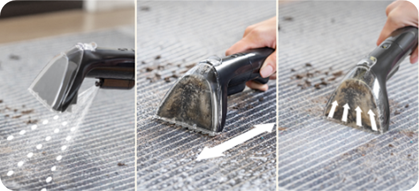 Grafiki przedstawiające uzycie koncowki do sprzatania urzadzenia SpotClean Mini - wprowadzenie plynu na powierzchnie, przetarcie koncowka, wciagniecie plynu z zabrudzeniami