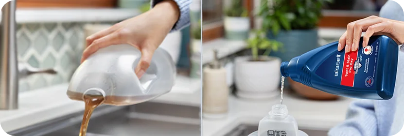 Dwa zdjęcia - jedno prezentuje wylewanie brudnej wody z pojemnika, drugie wlewanie plynu czyszczacego do zbiornika