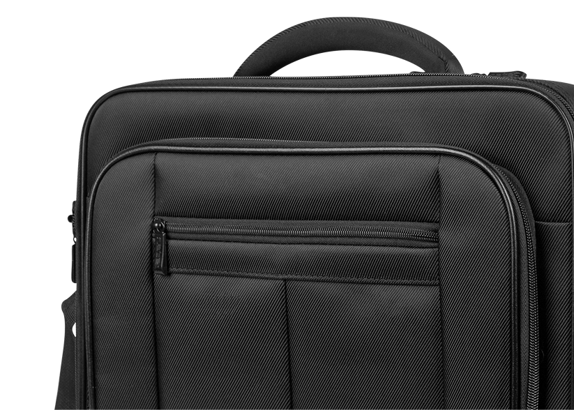 Zbliżenie na czarną torbę na laptopa Natec z przednią kieszenią i solidnym uchwytem