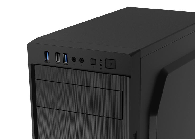 Zbliżenie na obudowę PC Natec: porty USB i audio, przycisk zasilania oraz zatoka 5,25 cala