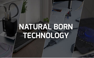 Baner z hasłem Natural Born Technology i akcesoriami komputerowymi Natec