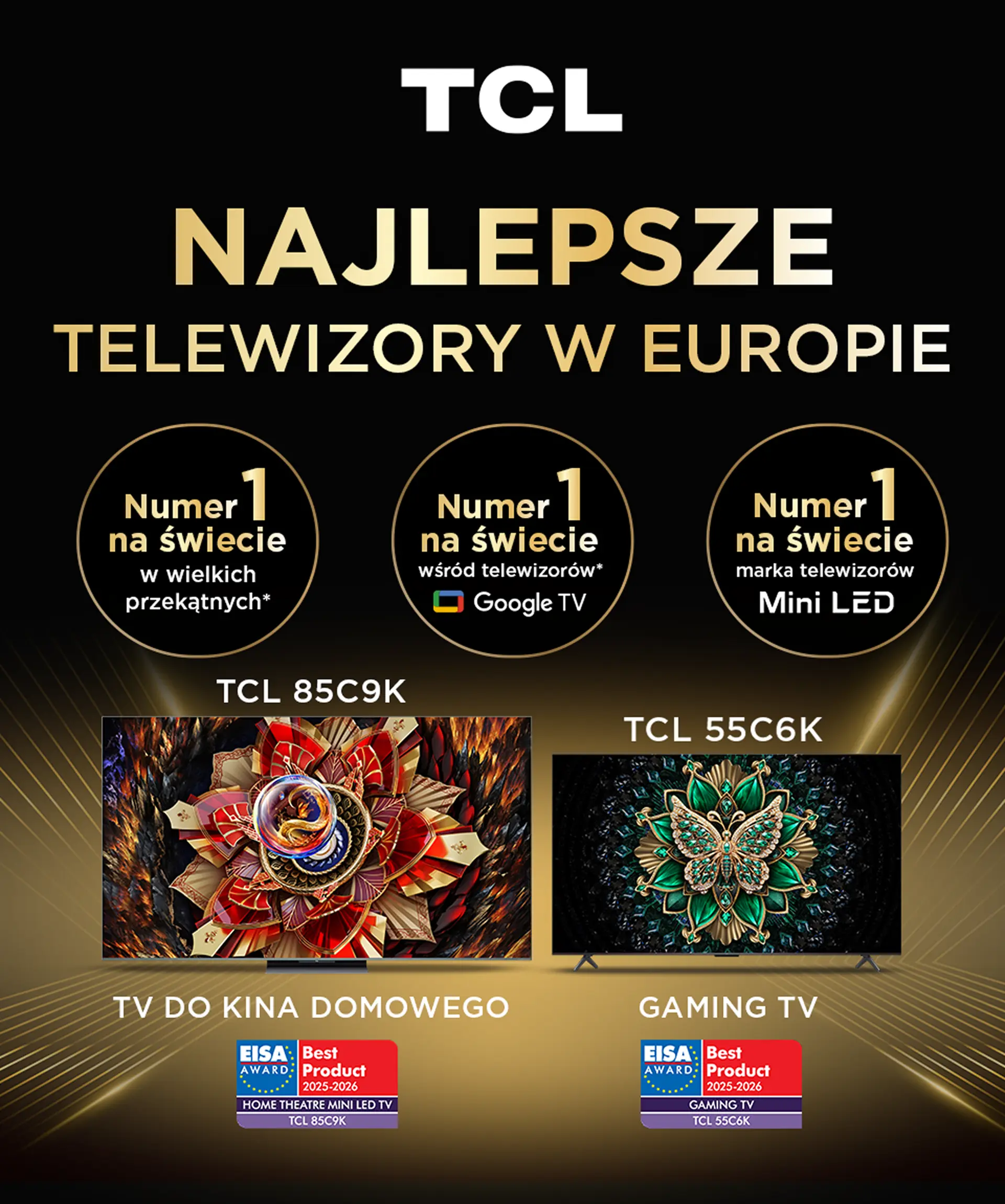 Reklama TCL prezentująca dwa nagrodzone telewizory Mini LED i OLED z wyróżnieniami EISA na ciemnym tle.