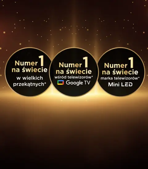 Trzy złote okręgi na ciemnym, złocisto-czarnym tle, z napisami numer 1 na świecie w różnych kategoriach TV.