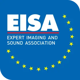 Logo Eisa: biały napis z czerwoną linią nad Expert Imaging and Sound Association na niebieskim tle z gwiazdami Ue.