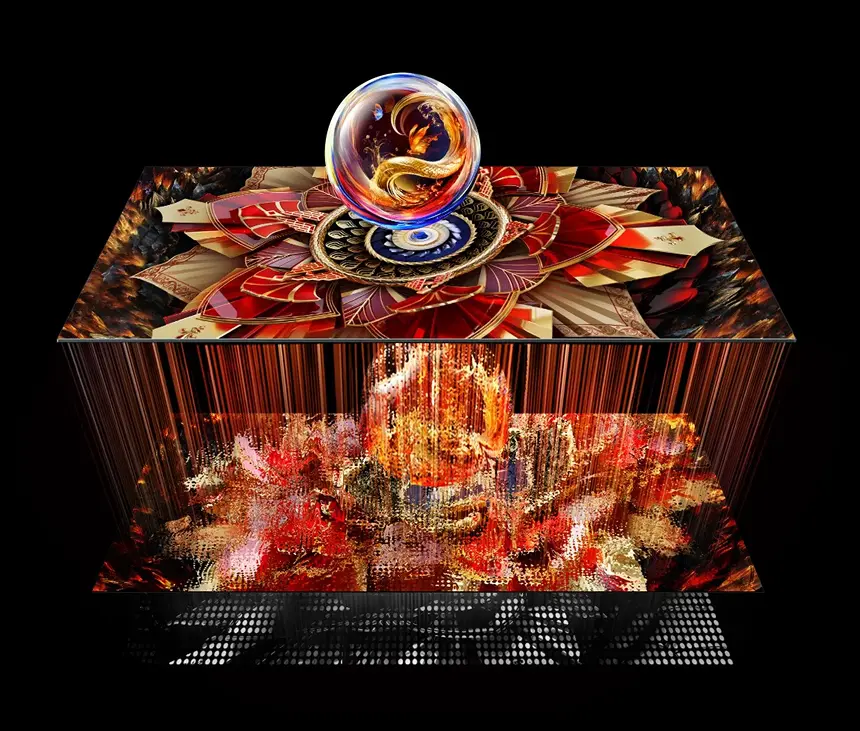 Trójwymiarowa wizualizacja abstrakcyjnej struktury artystycznej z motywem kwiatowym, w czerwono-złotych barwach.