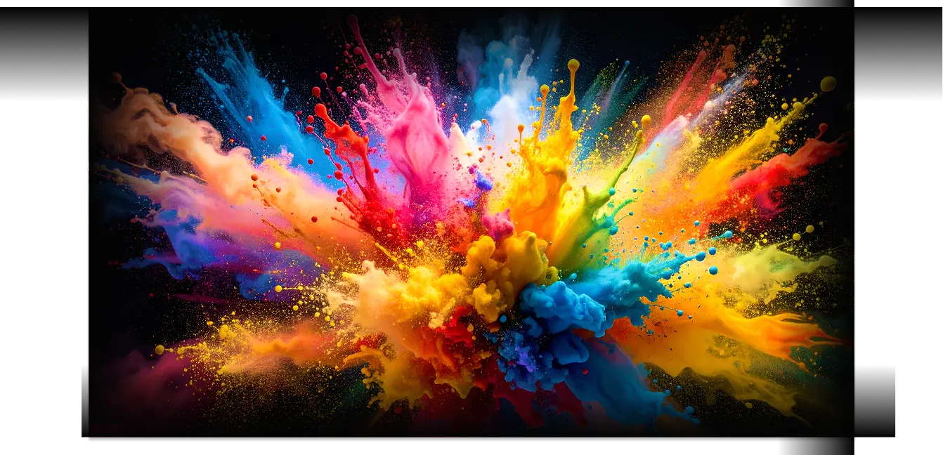 Duża kolorowa eksplozja farb w wielu odcieniach rozchodząca się dynamicznie na czarnym tle.