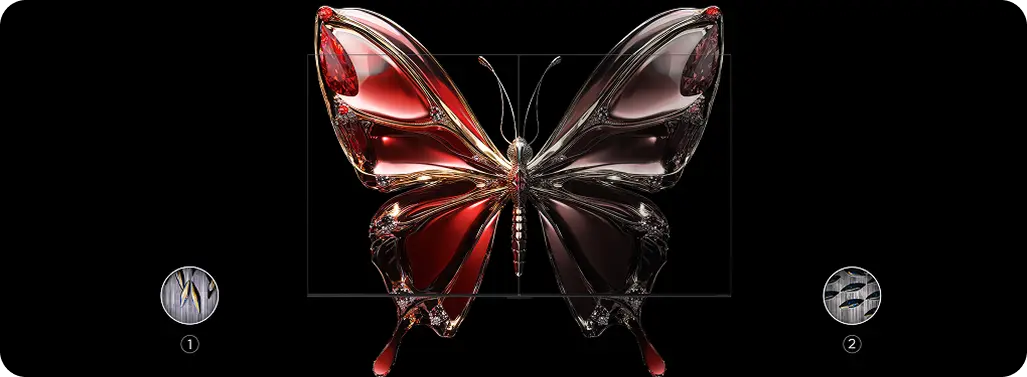 Trójwymiarowa wizualizacja lustrzanego motyla na czarnym tle, z jedną stroną czerwoną, symbolizująca kontrast i technologię Qled.