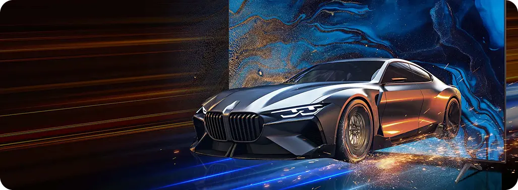 Futurystyczny, elegancki samochód sportowy w ciemnym kolorze, prezentowany na tle dynamicznej, niebiesko-złotej abstrakcji.