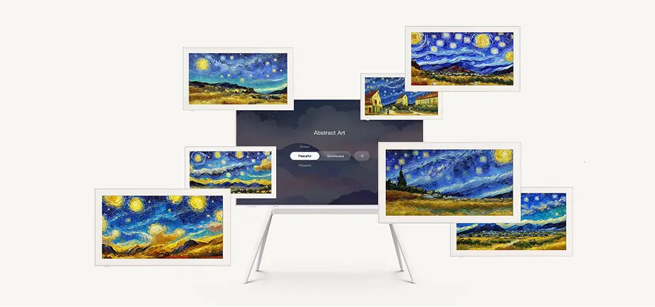 Telewizor na stojaku otoczony klasycznymi obrazami Van Gogha Gwiaździsta noc w interfejsie Abstract Art