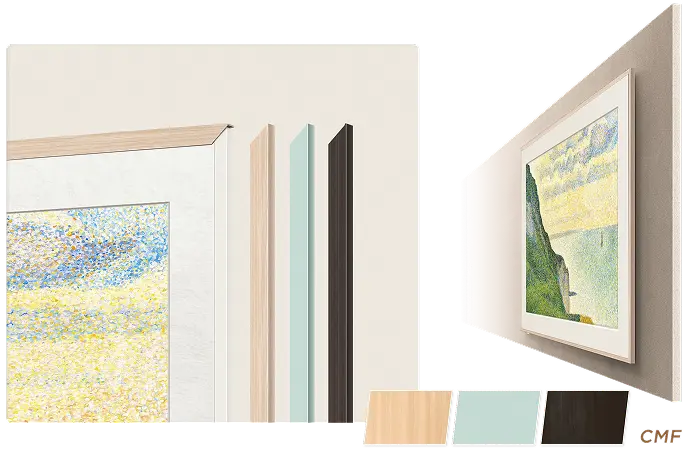 Telewizor z jasną ramką Dawn Birch prezentujący malowany obraz z próbkami kolorów ramek na ścianie