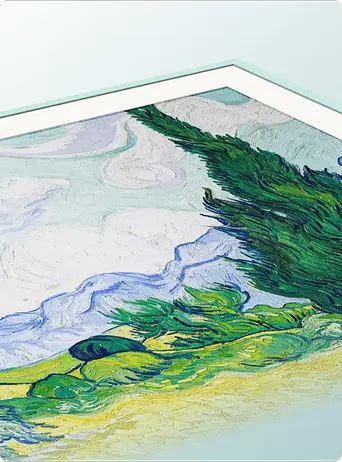 Abstrakcyjny obraz z zielonymi i niebieskimi pociągnięciami pędzla na matowym ekranie telewizora TCL